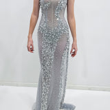Crystal silver scoop neck corset dress with lace up back