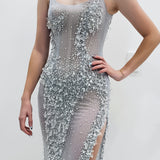 Crystal silver scoop neck corset dress with lace up back