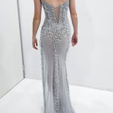 Crystal silver scoop neck corset dress with lace up back