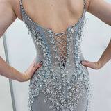 Crystal silver scoop neck corset dress with lace up back