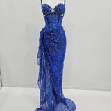 Royal blue beaded dress with corset top for hire