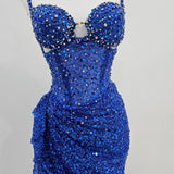 Royal blue beaded dress with corset top for hire