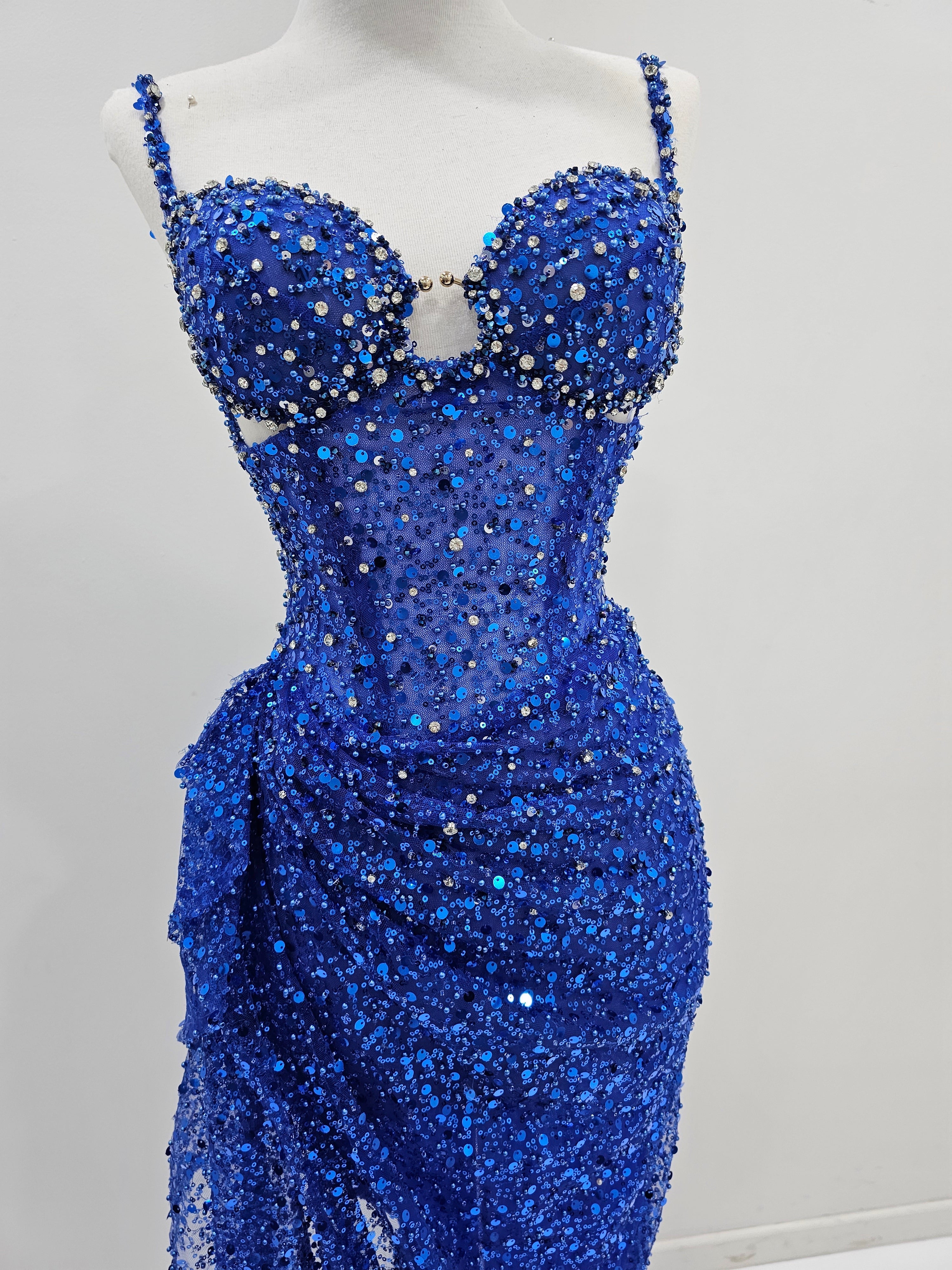 Royal blue beaded dress with corset top for hire – Destiny Chic