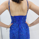 Royal blue beaded dress with corset top for hire