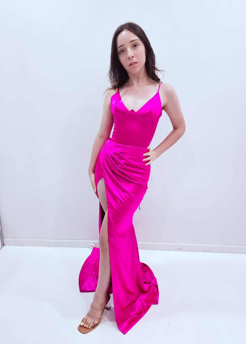 Fuschia pink satin column shaped dress with v neckline