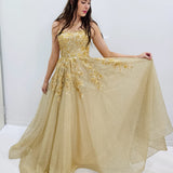 Sparkling gold crescent moon neckline lace up back princess dress