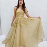 Sparkling gold crescent moon neckline lace up back princess dress for hire