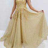 Sparkling gold crescent moon neckline lace up back princess dress for hire