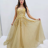 Sparkling gold crescent moon neckline lace up back princess dress for hire