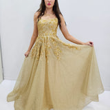 Sparkling gold crescent moon neckline lace up back princess dress for hire