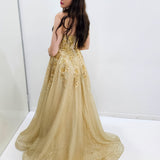 Sparkling gold crescent moon neckline lace up back princess dress for hire