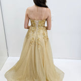 Sparkling gold crescent moon neckline lace up back princess dress for hire