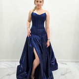 Shallow Vneck navy blue liquid taffeta drop waist dress with slit and lace up back