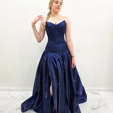 Shallow Vneck navy blue liquid taffeta drop waist dress with slit and lace up back