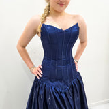 Shallow Vneck navy blue liquid taffeta drop waist dress with slit and lace up back
