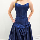 Shallow Vneck navy blue liquid taffeta drop waist dress with slit and lace up back