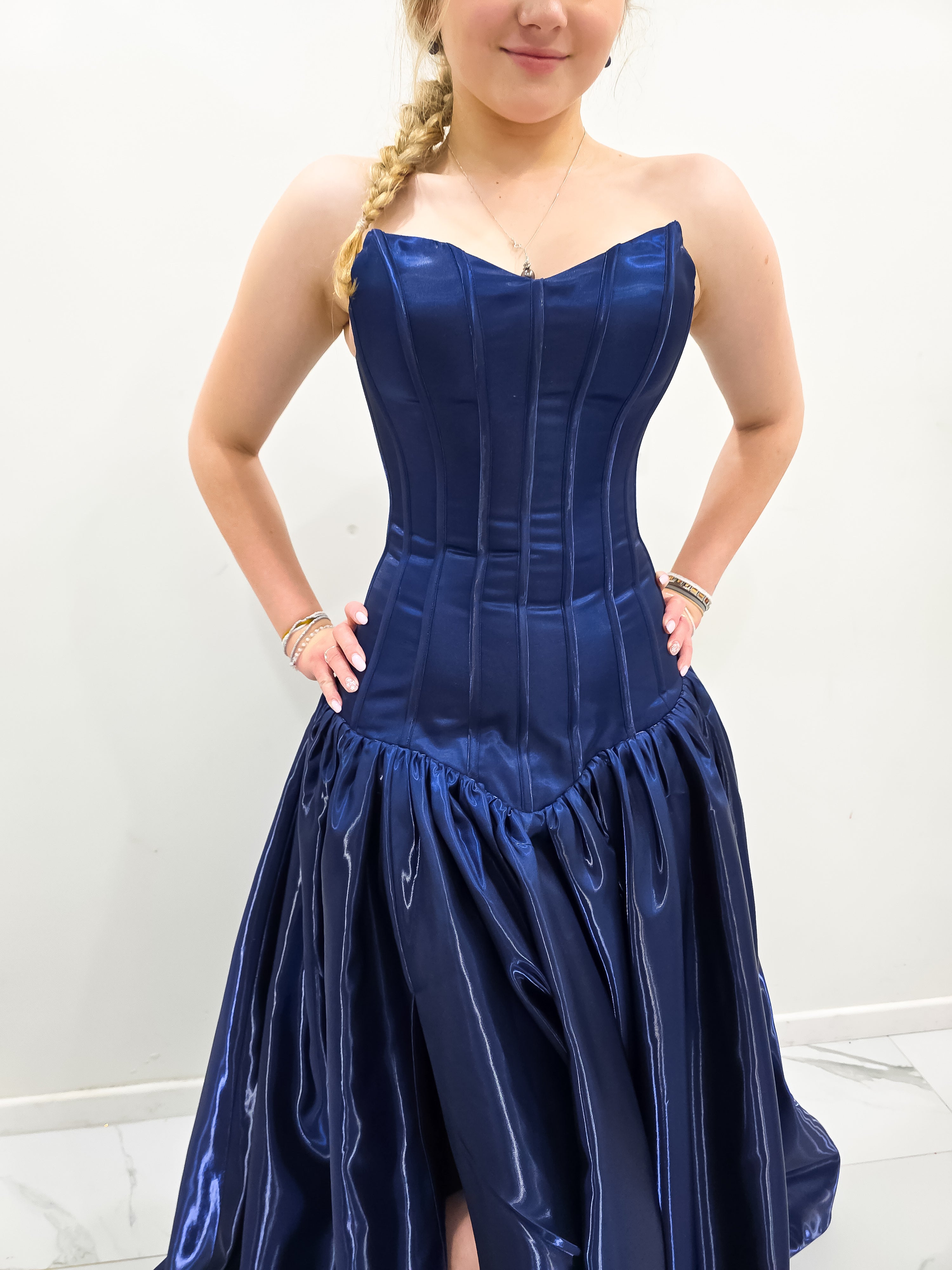 Shallow Vneck navy blue liquid taffeta drop waist dress with slit and