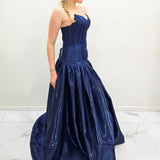 Shallow Vneck navy blue liquid taffeta drop waist dress with slit and lace up back