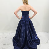 Shallow Vneck navy blue liquid taffeta drop waist dress with slit and lace up back
