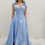 Bustier Cup baby blue liquid taffeta drop waist dress with slit and lace up back