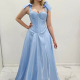 Bustier Cup baby blue liquid taffeta drop waist dress with slit and lace up back