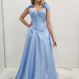 Bustier Cup baby blue liquid taffeta drop waist dress with slit and lace up back
