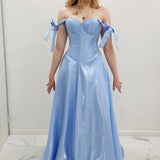 Bustier Cup baby blue liquid taffeta drop waist dress with slit and lace up back