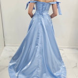 Bustier Cup baby blue liquid taffeta drop waist dress with slit and lace up back
