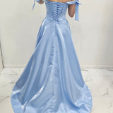 Bustier Cup baby blue liquid taffeta drop waist dress with slit and lace up back