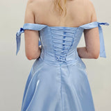 Bustier Cup baby blue liquid taffeta drop waist dress with slit and lace up back
