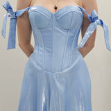 Bustier Cup baby blue liquid taffeta drop waist dress with slit and lace up back