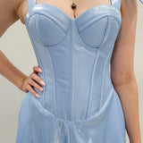 Bustier Cup baby blue liquid taffeta drop waist dress with slit and lace up back