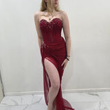 Dark red crystal mesh strapless sweetheart neckline mermaid dress with high slit for hire