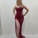 Dark red crystal mesh strapless sweetheart neckline mermaid dress with high slit for hire