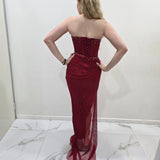 Dark red crystal mesh strapless sweetheart neckline mermaid dress with high slit for hire