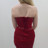 Dark red crystal mesh strapless sweetheart neckline mermaid dress with high slit for hire