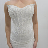 Crisp white beaded daisy sequin flowers dress with basque waist and open back Hire