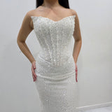 Crisp white beaded daisy sequin flowers dress with basque waist and open back Hire