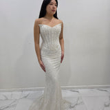 Crisp white beaded daisy sequin flowers dress with basque waist and open back Hire