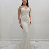 Crisp white beaded daisy sequin flowers dress with basque waist and open back Hire