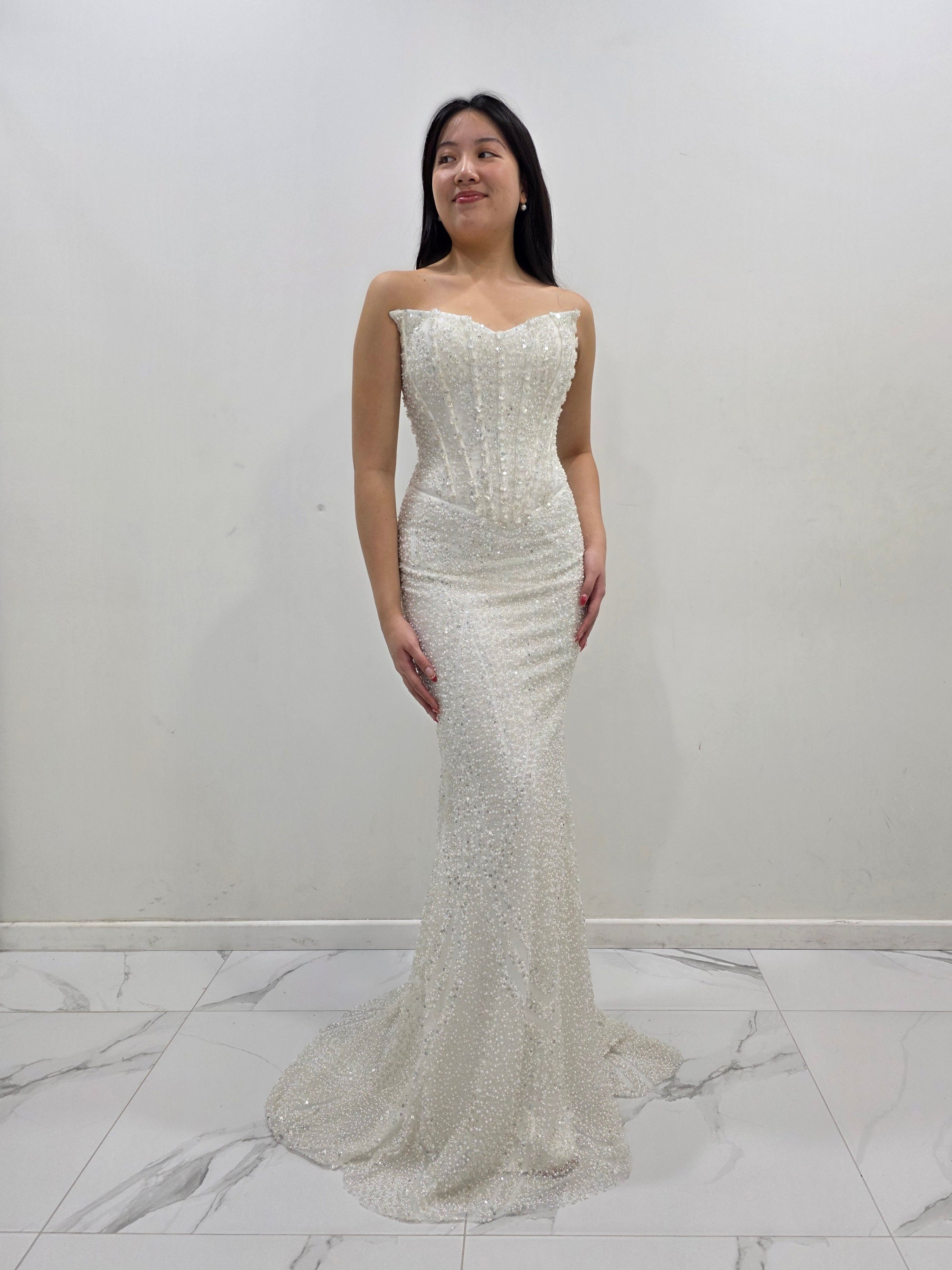 Ivory white beaded dress with basque waist and open back – Destiny Chic