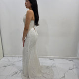 Crisp white beaded daisy sequin flowers dress with basque waist and open back Hire