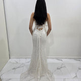 Crisp white beaded daisy sequin flowers dress with basque waist and open back Hire