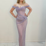 Lavender purple crystal mesh strap off the shoulder sleeve mermaid dress