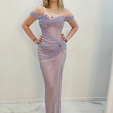 Lavender purple crystal mesh strap off the shoulder sleeve mermaid dress