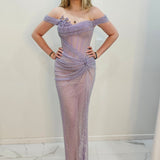 Lavender purple crystal mesh strap off the shoulder sleeve mermaid dress for hire
