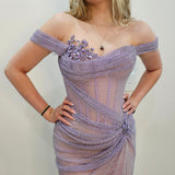 Lavender purple crystal mesh strap off the shoulder sleeve mermaid dress