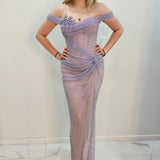 Lavender purple crystal mesh strap off the shoulder sleeve mermaid dress for hire