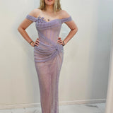 Lavender purple crystal mesh strap off the shoulder sleeve mermaid dress for hire