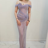 Lavender purple crystal mesh strap off the shoulder sleeve mermaid dress